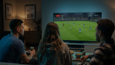 Illustration of viewers watching football game at home